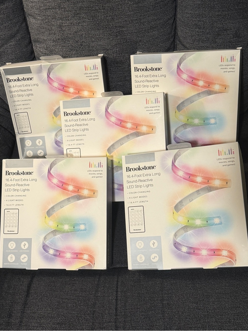 (Lot of 5) Brookstone 16.4 Foot Sound-Reactive LED Strip Lights - Multicolor NIB